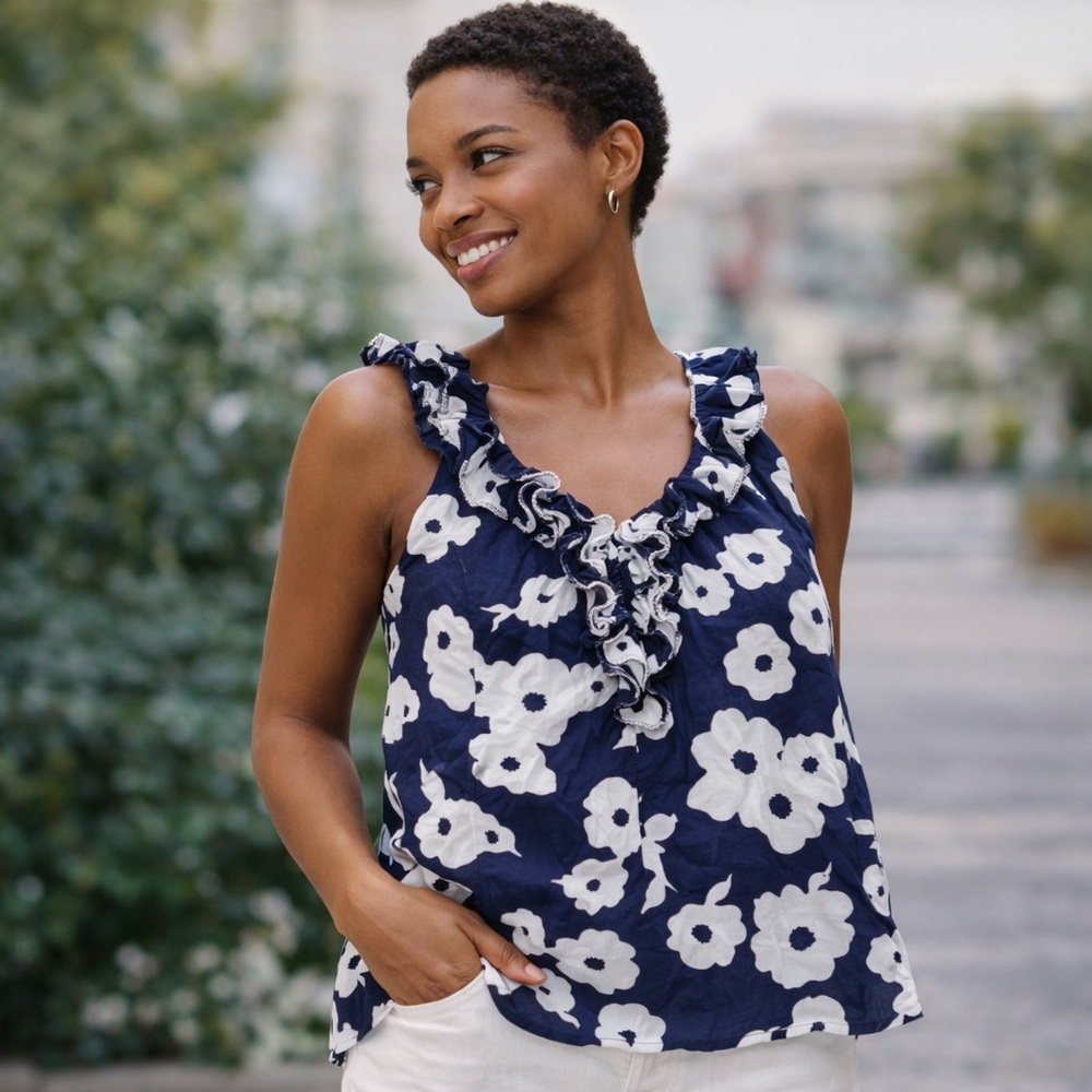 Kate Spade Blue and White Floral Ruffle Top